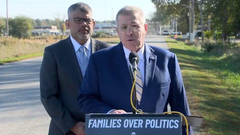 Darren Bailey spoke outside of Logan Correctional Center in Lincoln, IL on Oct. 22, 2026.